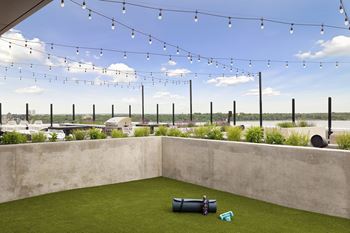 A patio with a string of lights and a green lawn.